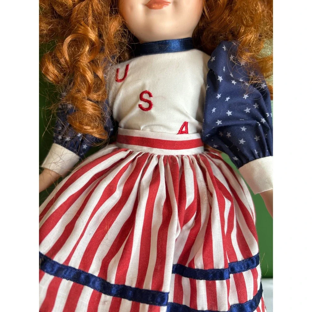 Vintage Porcelain Doll Patriotic USA Americana Red White Blue Auburn Hair 12in